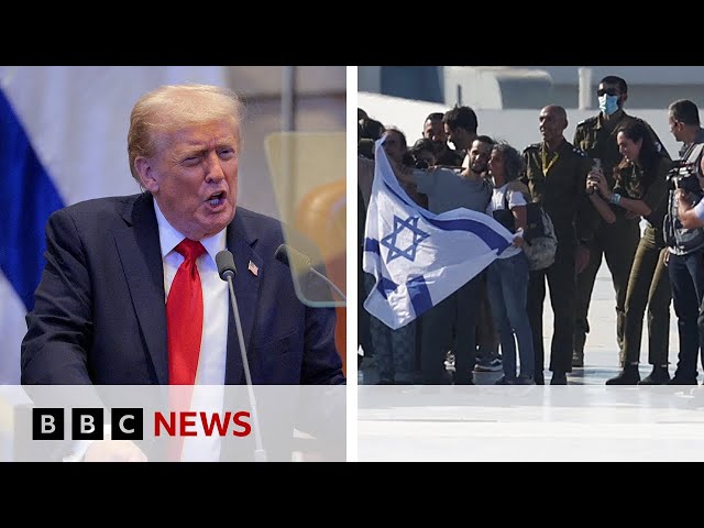 Hostages reunited with families as Trump greeted with cheers in Israeli parliament | BBC News
